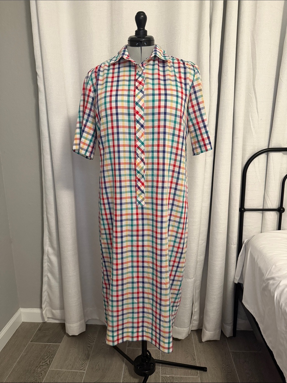 Vintage Multicolor Plaid Button-Front Shirt Dress